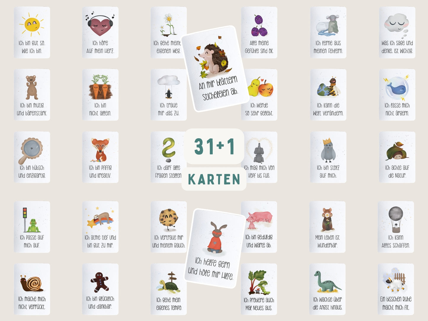 GEFÜHLSSTARK BUNDLE . Sorgenfresser-Igel-Set + 31 Mutmachkarten "Schatzkiste" + personalisierte Tasse