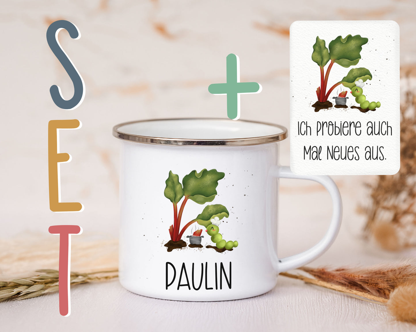 Emaille Tasse personalisiert - Raupe