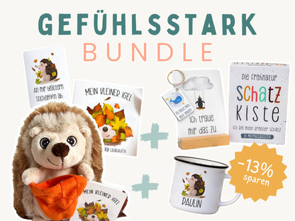 GEFÜHLSSTARK BUNDLE . Sorgenfresser-Igel-Set + 31 Mutmachkarten "Schatzkiste" + personalisierte Tasse