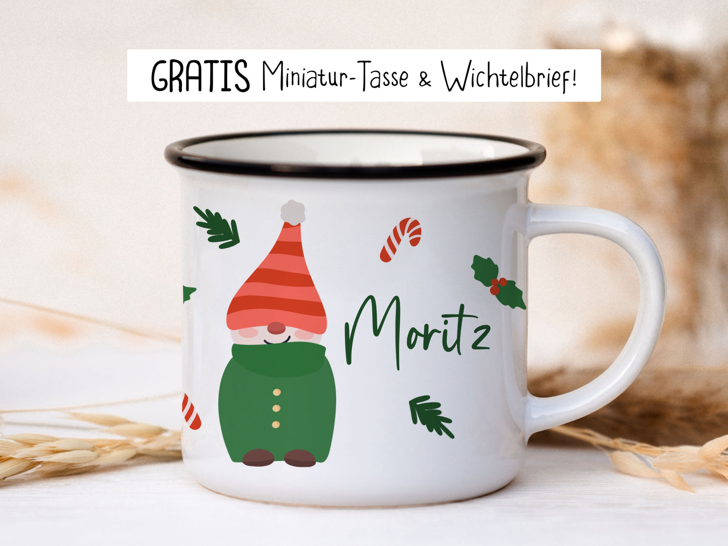 Keramik Emaille-Look Tasse personalisiert - Wichtel