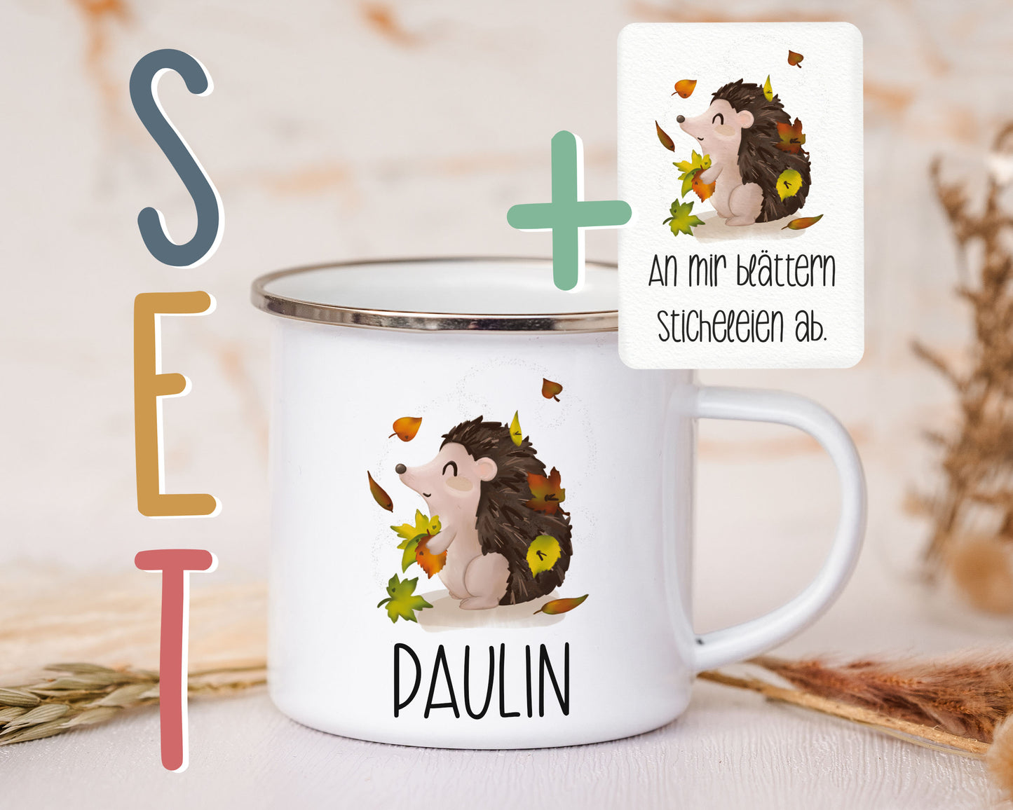 Emaille Tasse personalisiert - Igel