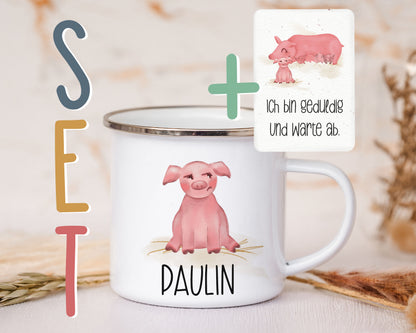 Emaille Tasse personalisiert - Schweinchen