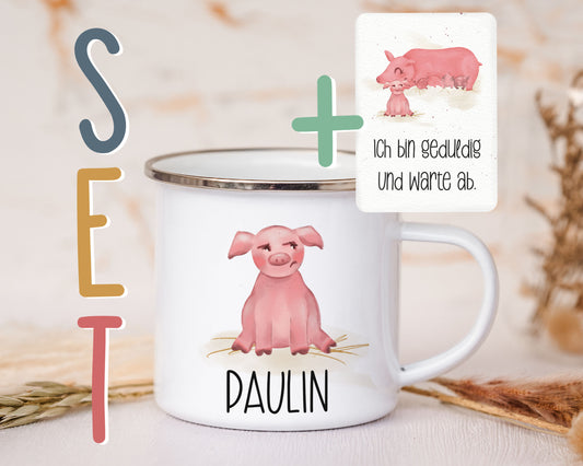 Emaille Tasse personalisiert - Schweinchen