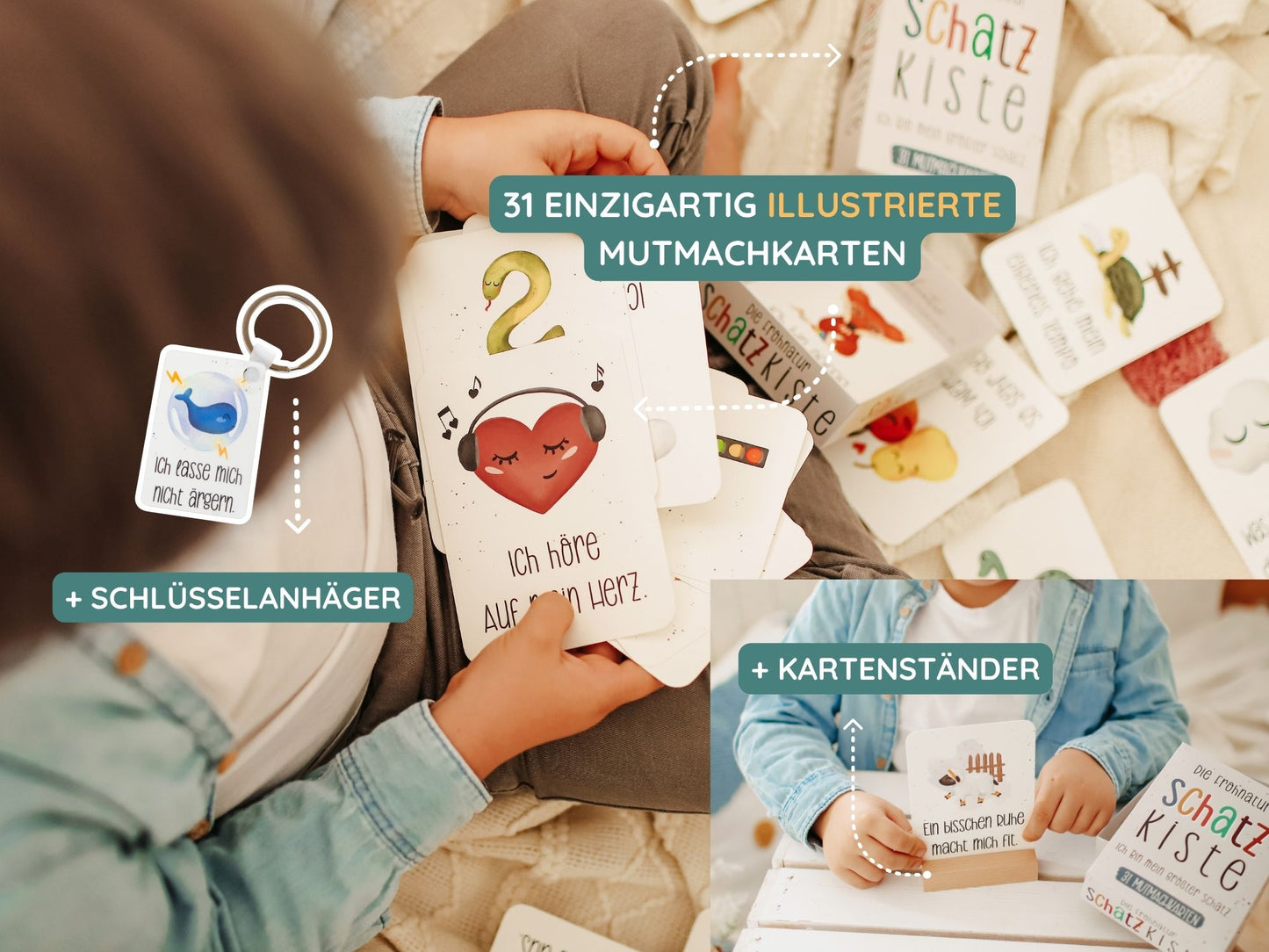 31 Mutmachkarten-Set "Schatzkiste" mit Schlüsselanhänger & Kartenständer