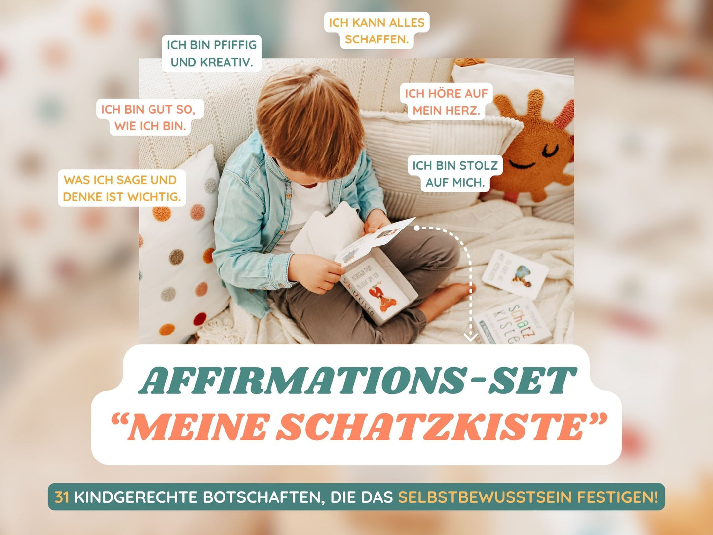 31 Mutmachkarten-Set "Schatzkiste" mit Schlüsselanhänger & Kartenständer