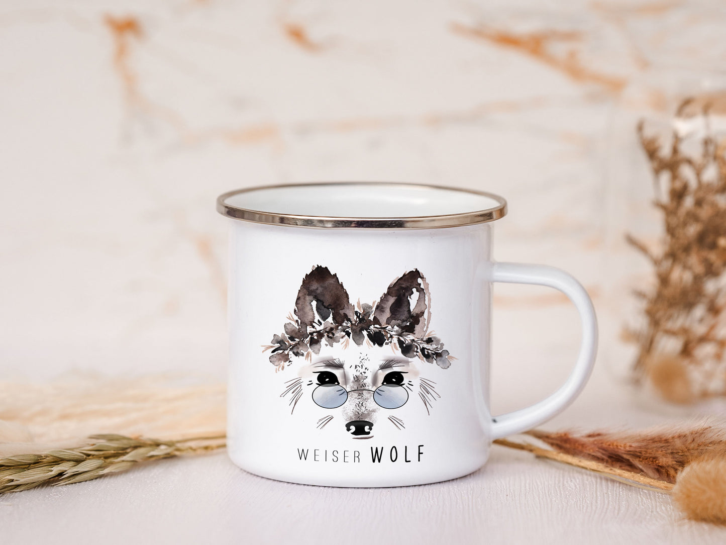 Emaille Tasse personalisiert - Wolf "Weiser Wolf"