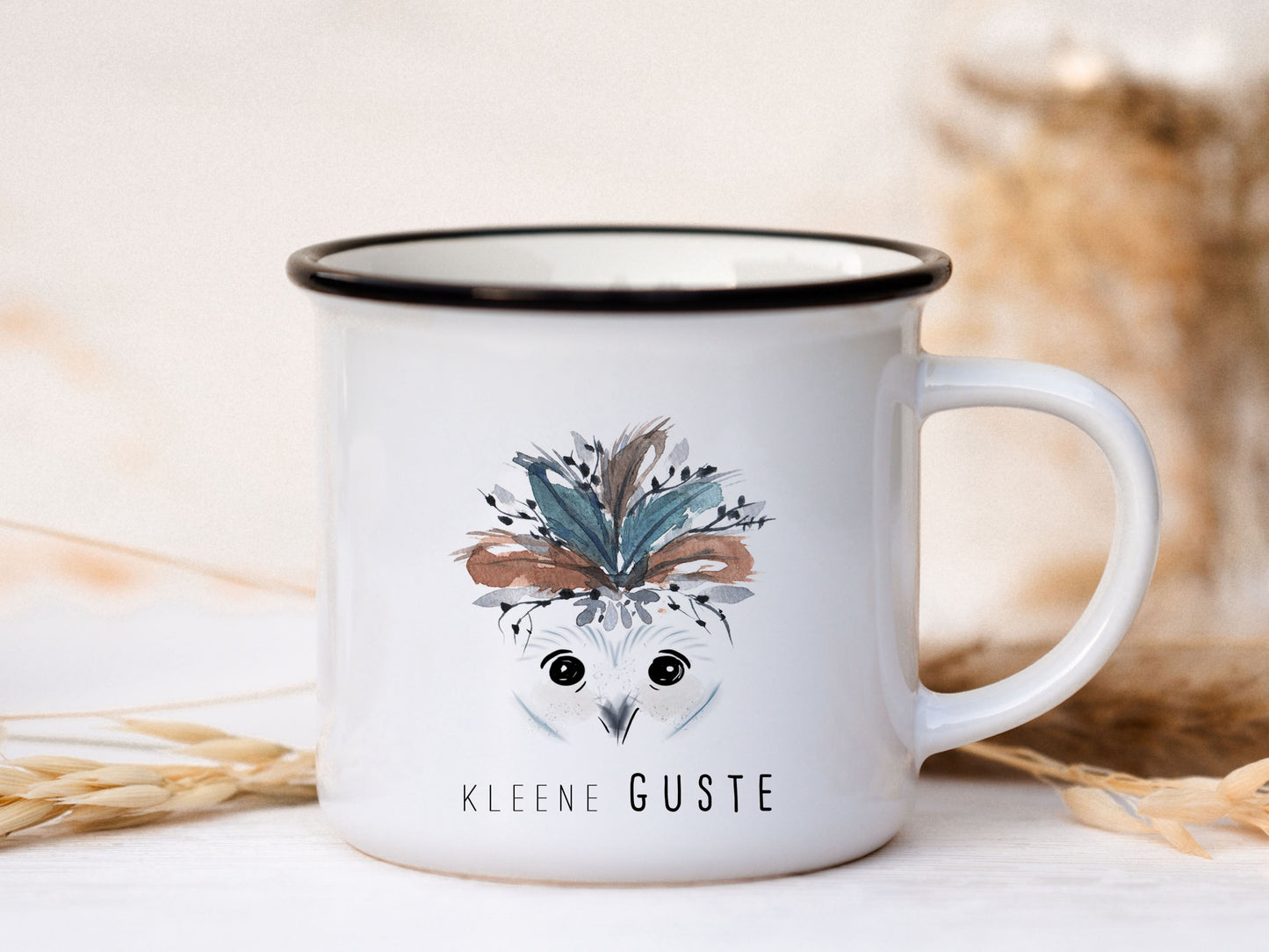 Keramik Emaille-Look Tasse personalisiert - Eule "kleene Guste"