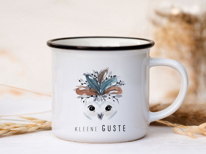 Keramik Emaille-Look Tasse personalisiert - Eule "kleene Guste"