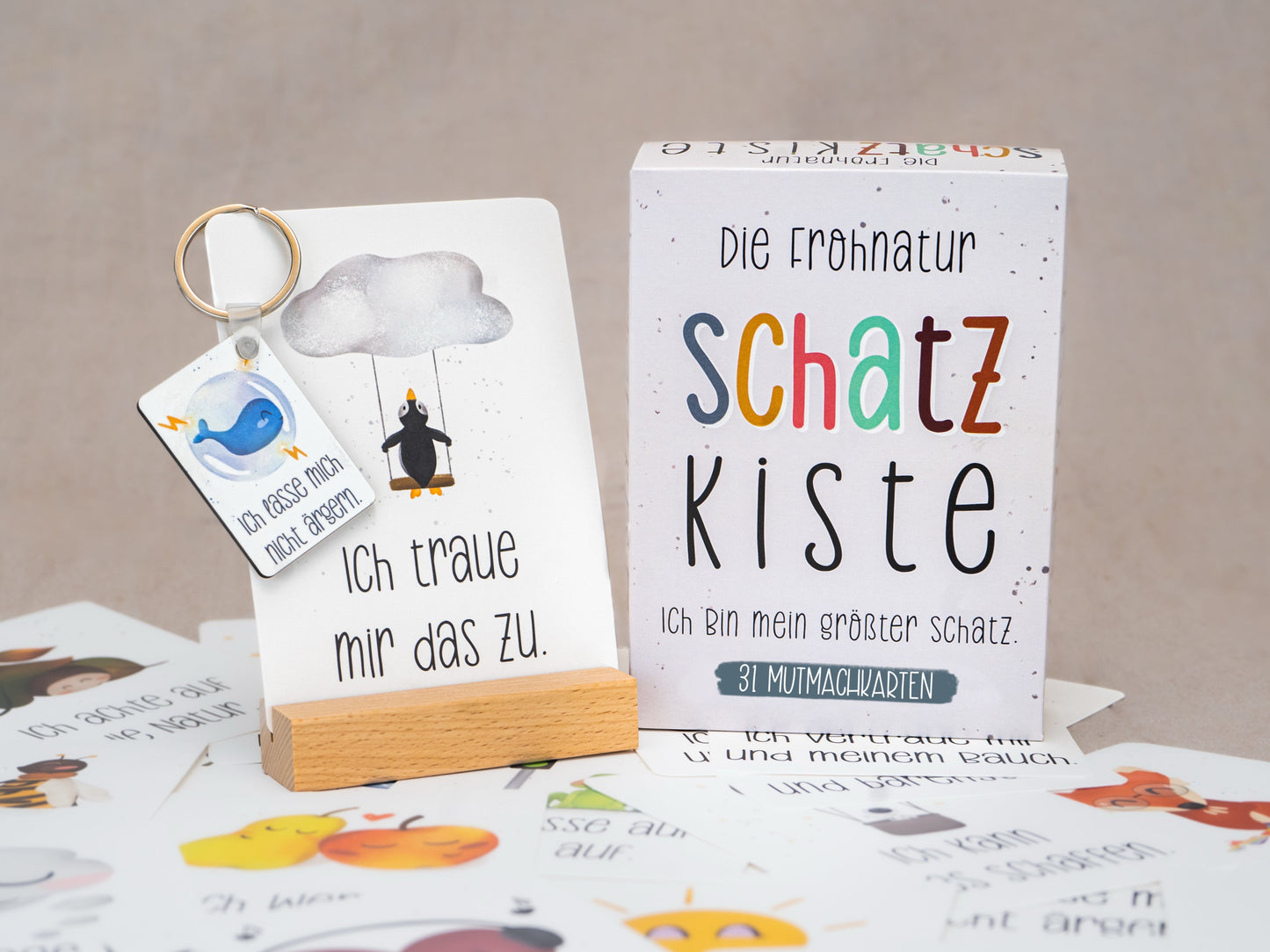 31 Mutmachkarten-Set "Schatzkiste" mit Schlüsselanhänger & Kartenständer