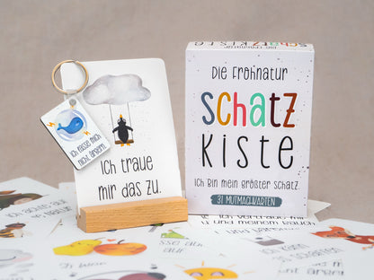 31 Mutmachkarten-Set "Schatzkiste" mit Schlüsselanhänger & Kartenständer