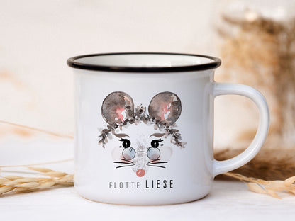 Keramik Emaille-Look Tasse personalisiert - Maus "flotte Liese"