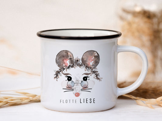 Keramik Emaille-Look Tasse personalisiert - Maus "flotte Liese"