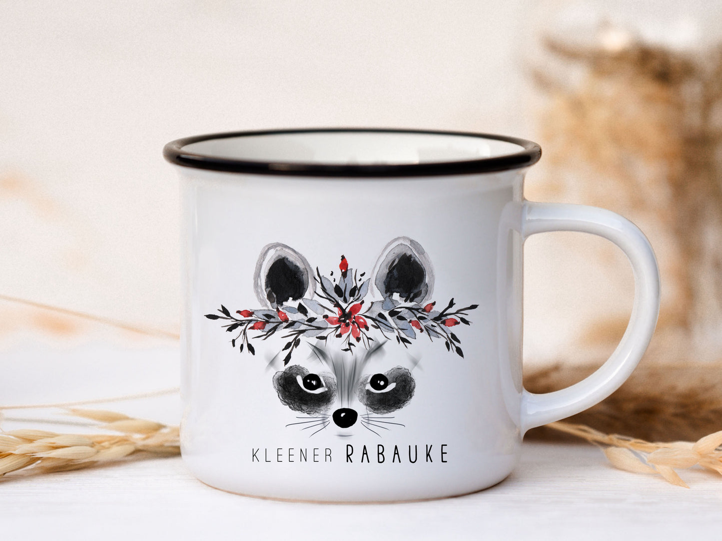 Keramik Emaille-Look Tasse personalisiert - Waschbär "kleener Rabauke"