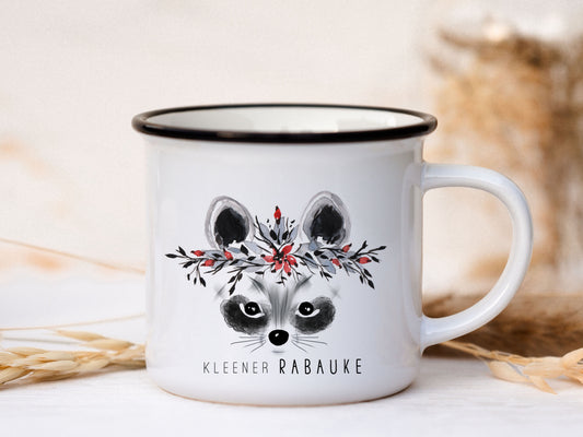 Keramik Emaille-Look Tasse personalisiert - Waschbär "kleener Rabauke"