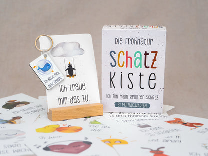 GEFÜHLSSTARK BUNDLE . Sorgenfresser-Igel-Set + 31 Mutmachkarten "Schatzkiste" + personalisierte Tasse