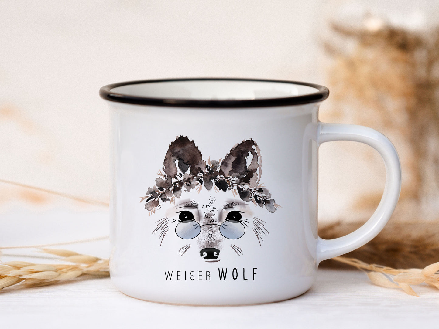 Keramik Emaille-Look Tasse personalisiert - Wolf "weiser Wolf"