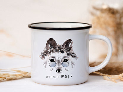 Keramik Emaille-Look Tasse personalisiert - Wolf "weiser Wolf"