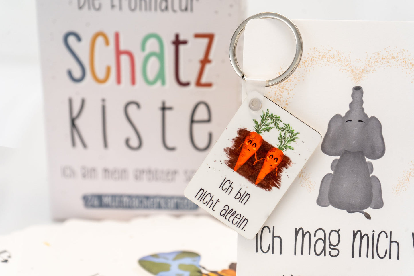 31 Mutmachkarten-Set "Schatzkiste" mit Schlüsselanhänger & Kartenständer