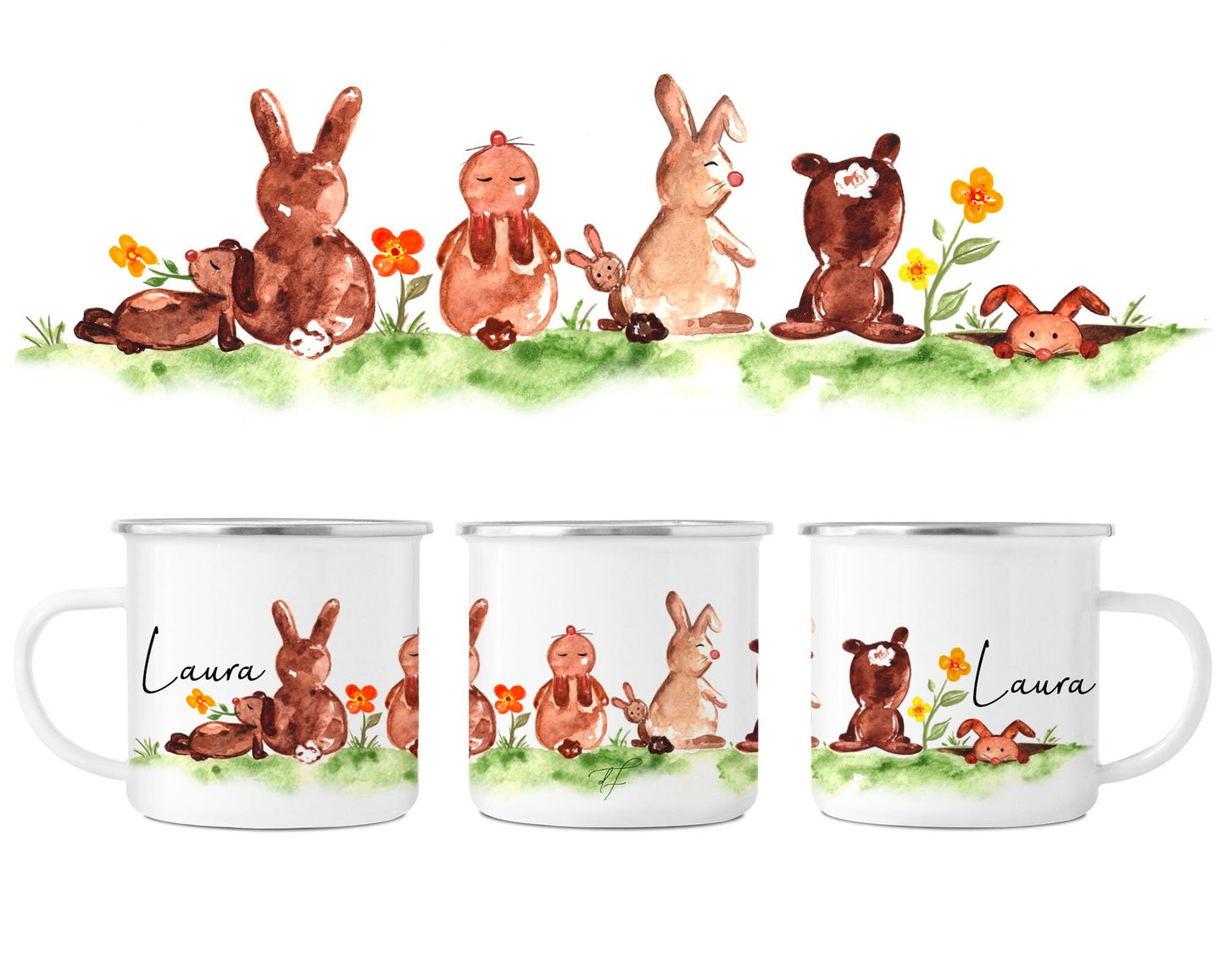 Emaille Tasse personalisiert - Hasen