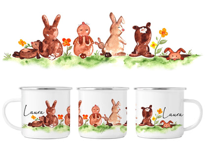 Emaille Tasse personalisiert - Hasen