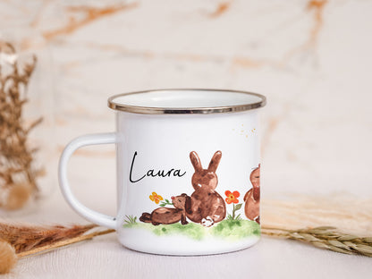 Emaille Tasse personalisiert - Hasen