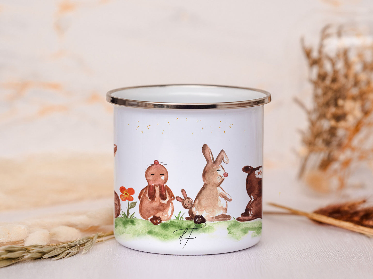 Emaille Tasse personalisiert - Hasen