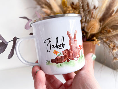Emaille Tasse personalisiert - Hasen