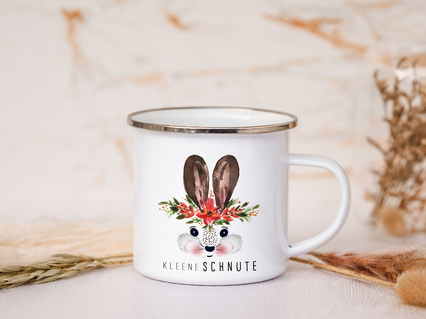 Emaille Tasse personalisiert - Hase "kleene Schnute"