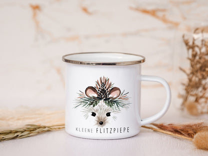 Emaille Tasse personalisiert - Igel "kleene Flitzpiepe"