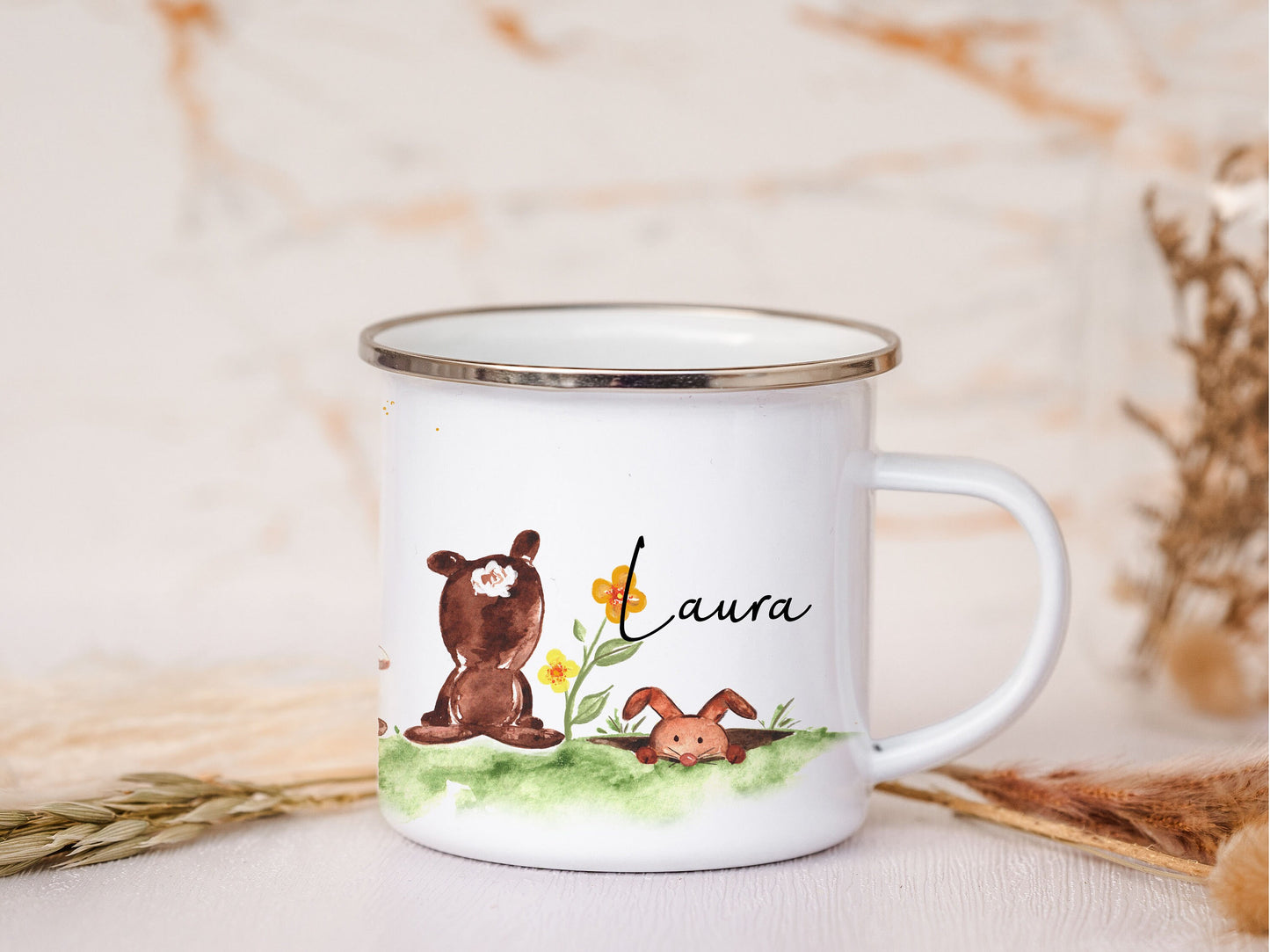 Emaille Tasse personalisiert - Hasen