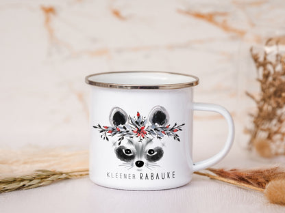 Emaille Tasse personalisiert - Waschbär "kleener Rabauke"