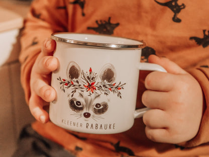 Emaille Tasse personalisiert - Waschbär "kleener Rabauke"